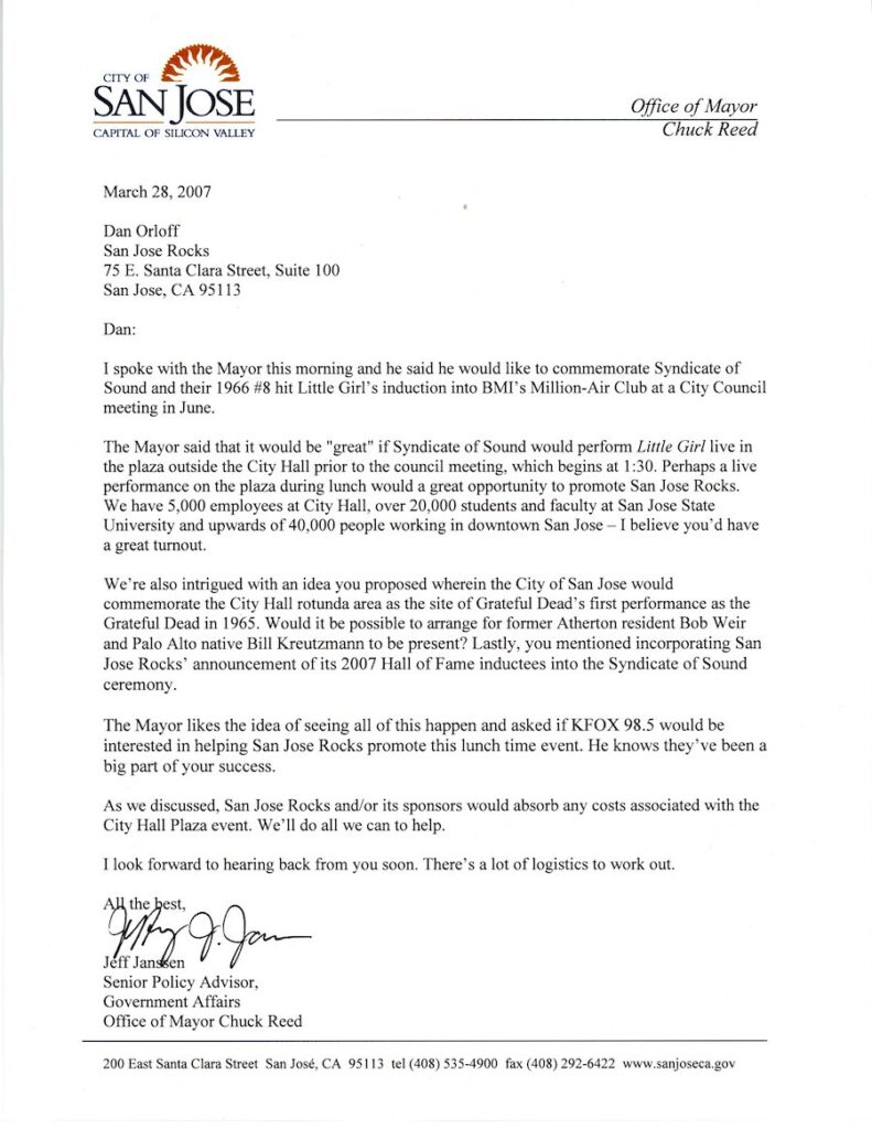 Letter from City of San José Mayor's office re. SOS's induction into BMI's Million-Air Club.